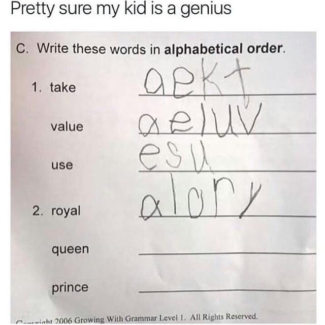 Pretty sure my kid is a genius C. Write these words in alphabetical order. 1. take value use 2. royal queen prince aekt geluv esu alory right 2006 Growing With Grammar Level 1. All Rights Reserved.