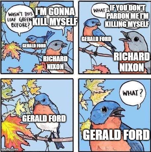 WASN'T THIS I'M GONNA LEAF GREEN KILL MYSELF BEFORE? WHAT IF YOU DON'T PARDON ME I'M KILLING MYSELF mgflip.com GERALD FORD RICHARD NIXON GERALD FORD RICHARD NIXON WHAT? GERALD FORD GERALD FORD
