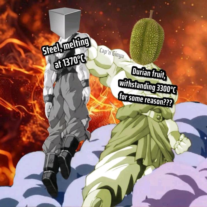 Steel, melting at 1370°C Cap'n Ginyu Durian fruit, withstanding 3300°C for some reason???