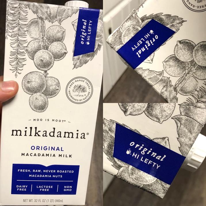 original HI LEFTY TREES BY NATURE - MOO IS MOOT - milkadamia ORIGINAL MACADAMIA MILK original WHI LEFTY FRESH, RAW, NEVER ROASTED MACADAMIA NUTS DAIRY FREE LACTOSE FREE NON GMO NET WT. 32 FL OZ (1 QT) 946mL