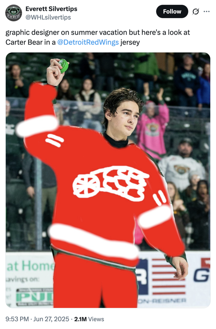 June 27th, 2025 tweet by @WHLsilvertips X account @WHLsilvertips posted a version of the meme, writing, "graphic designer on summer vacation but here's a look at Carter Bear in a @DetroitRedWings"