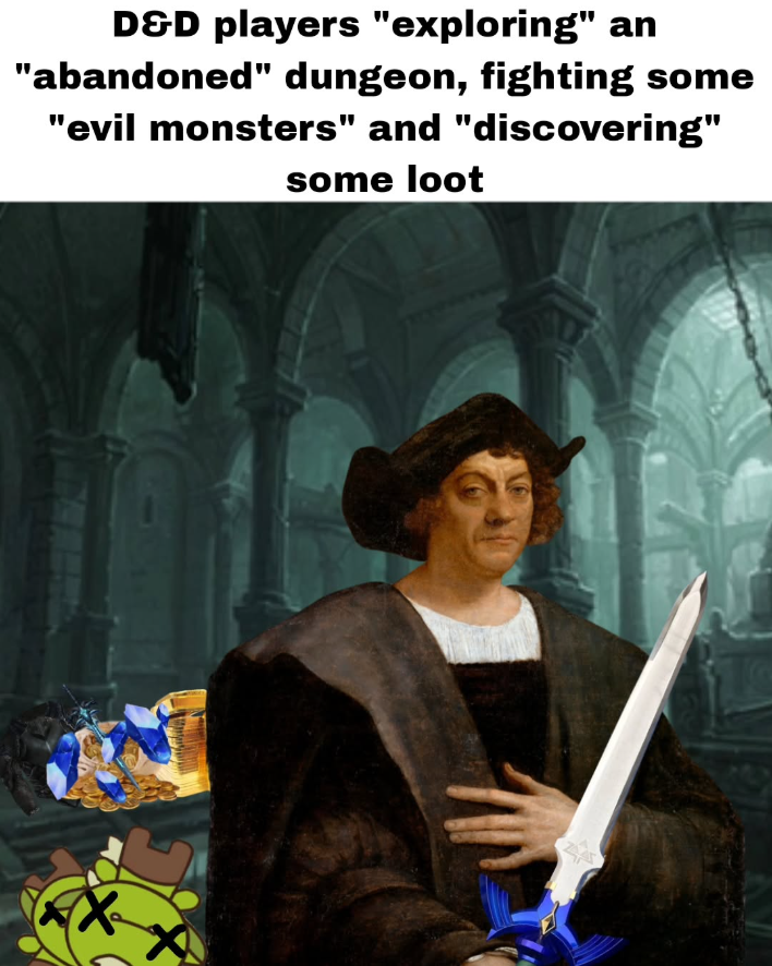 D&D players "exploring" an "abandoned" dungeon, fighting some "evil monsters" and "discovering" some loot