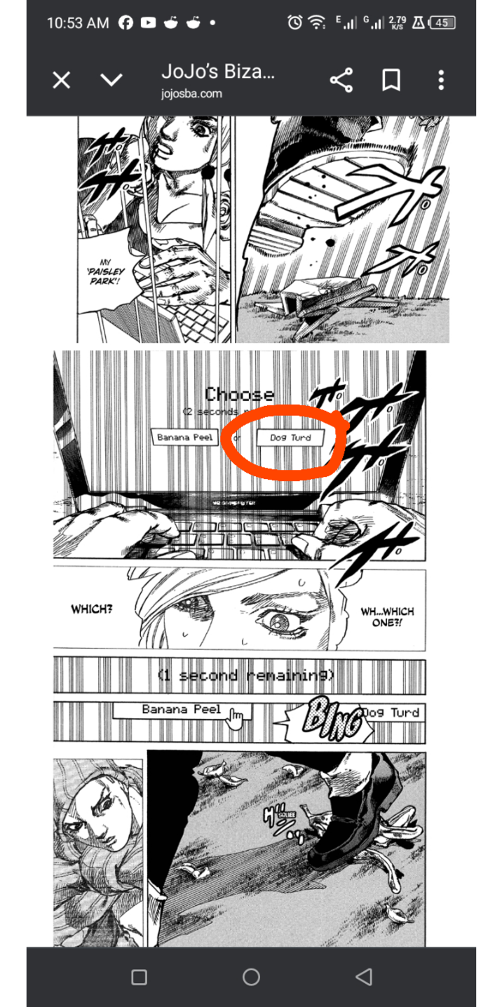 10:53 AM MY 'PAISLEY PARK'! WHICH? JoJo's Biza... jojosba.com ØE, G. K/S 2.79 A45 < 口: ہے Choose 2 seconds Banana Peel Dog Turd WH...WHICH ONE?! second remaining) Banana Peel BING SQUEE Dog Turd