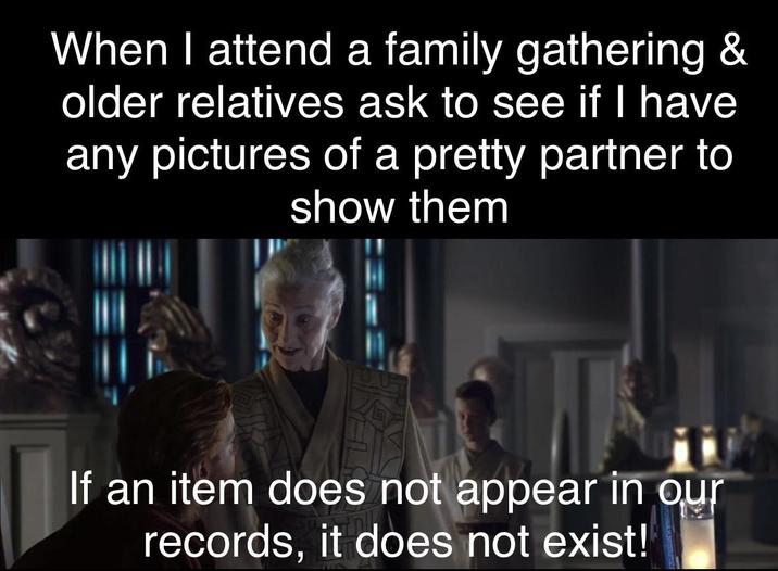 When I attend a family gathering & older relatives ask to see if I have any pictures of a pretty partner to show them If an item does not appear in our records, it does not exist!