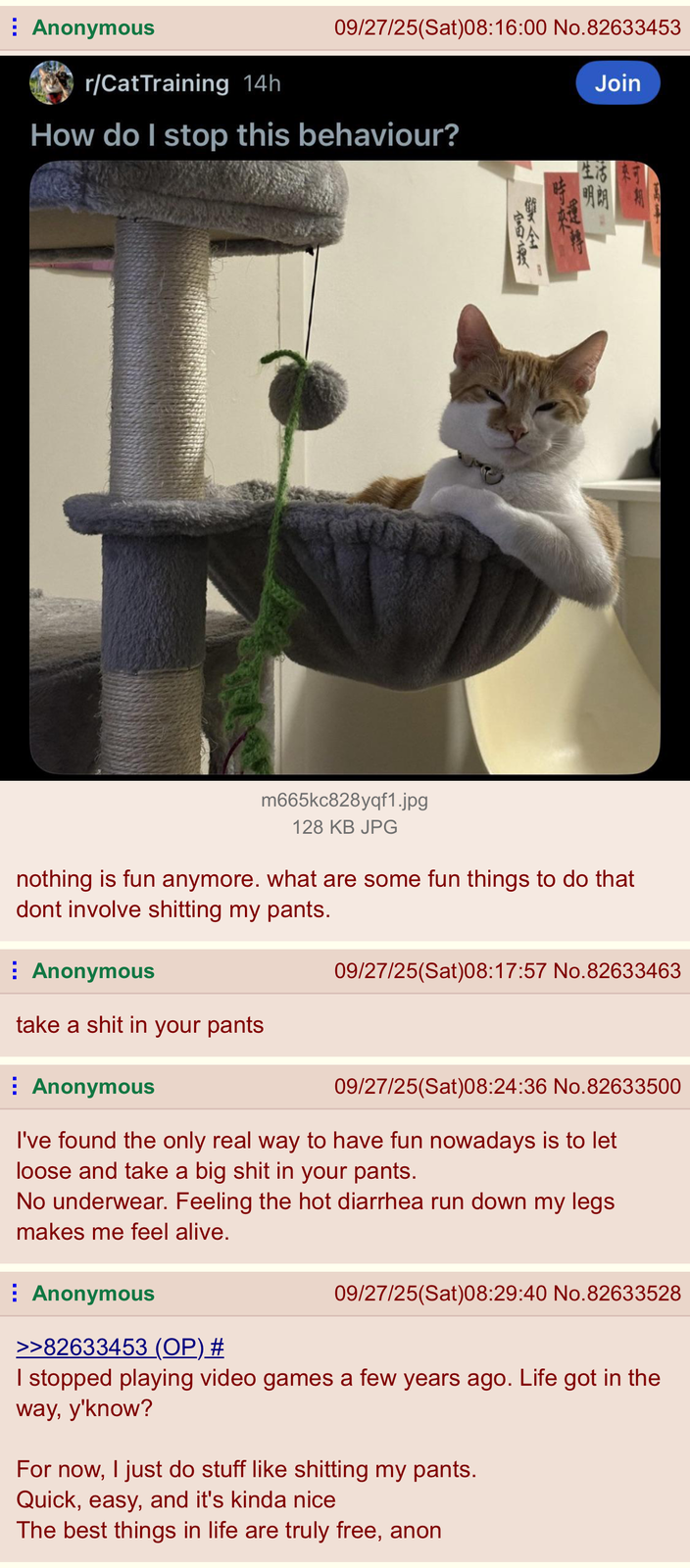 Anonymous 09/27/25(Sat)08:16:00 No.82633453 r/CatTraining 14h How do I stop this behaviour? Join 活朗 生活 明朗 生明 17195 34 m665kc828yqf1.jpg 128 KB JPG nothing is fun anymore. what are some fun things to do that dont involve s------- my pants. ⠀ Anonymous 09/27/25(Sat)08:17:57 No.82633463 take a s--- in your pants ⠀ Anonymous 09/27/25(Sat)08:24:36 No.82633500 I've found the only real way to have fun nowadays is to let loose and take a big s--- in your pants. No underwear. Feeling the hot diarrhea run down my legs makes me feel alive. Anonymous >>82633453 (OP) # 09/27/25(Sat)08:29:40 No.82633528 I stopped playing video games a few years ago. Life got in the way, y'know? For now, I just do stuff like s------- my pants. Quick, easy, and it's kinda nice The best things in life are truly free, anon