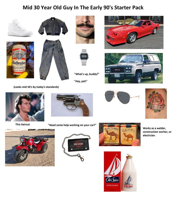 Reebok Mid 30 Year Old Guy In The Early 90's Starter Pack Aging 222 Budweiser Bazed by ONE KING OF BEERS all materal process Bricast Hops Price and Best Baby Anheuser-Busch, Inc (Looks mid 50's by today's standards) ALARM CHRON WA 24 SA 28 11:5046 "What's up, buddy?" "Hey, pal!" Bh GMC 665 - CHI MOM This Haircut "Need some help working on your car?" IRUNDUUNU AUCTIONS MUNDOU Ironboundauetlone.com AUCTIONS AUCTAN CAMEL Works as a welder, CAMEL HONDA MOTORY HARLEY-DAVIDSON CYCLES TURKISH & DOMESTIC BLEND CIGARETTES CHOICE QUALIT CIGARETTES Old Spice AFTER SHAVE 100 mL Old Spice AFTER SHAVE construction worker, or electrcian.