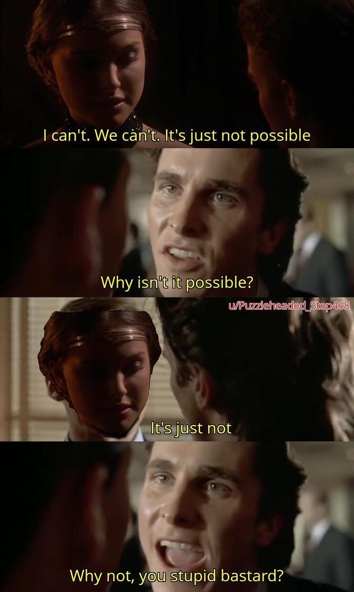 I can't. We can't. It's just not possible Why isn't it possible? w/Puzzleheaded_Step468 It's just not Why not, you stupid bastard?