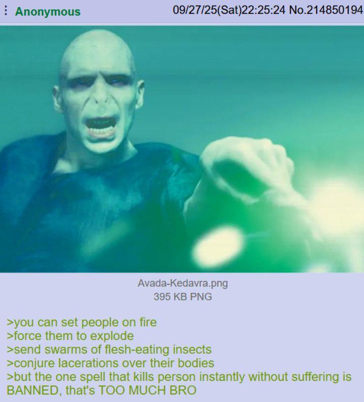 Anonymous 09/27/25(Sat)22:25:24 No.214850194 Avada-Kedavra.png 395 KB PNG >you can set people on fire >force them to explode >send swarms of flesh-eating insects >conjure lacerations over their bodies >but the one spell that kills person instantly without suffering is BANNED, that's TOO MUCH BRO