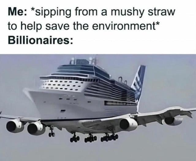 Me: *sipping from a mushy straw to help save the environment* Billionaires:
