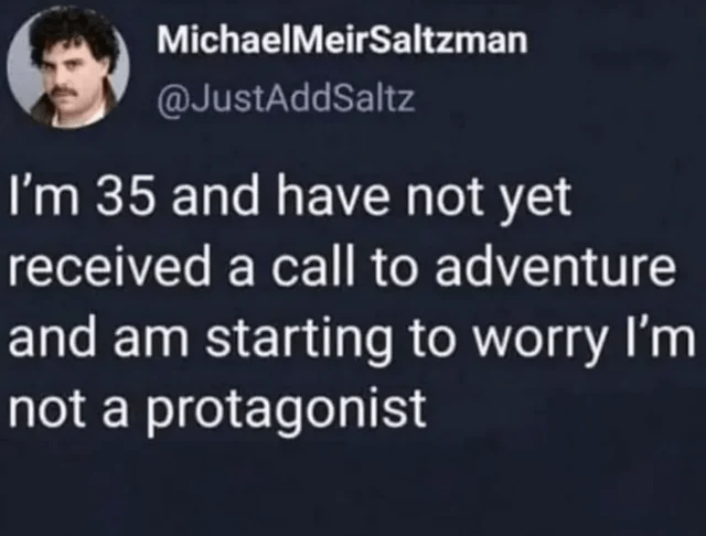 MichaelMeirSaltzman @JustAddSaltz I'm 35 and have not yet received a call to adventure and am starting to worry I'm not a protagonist