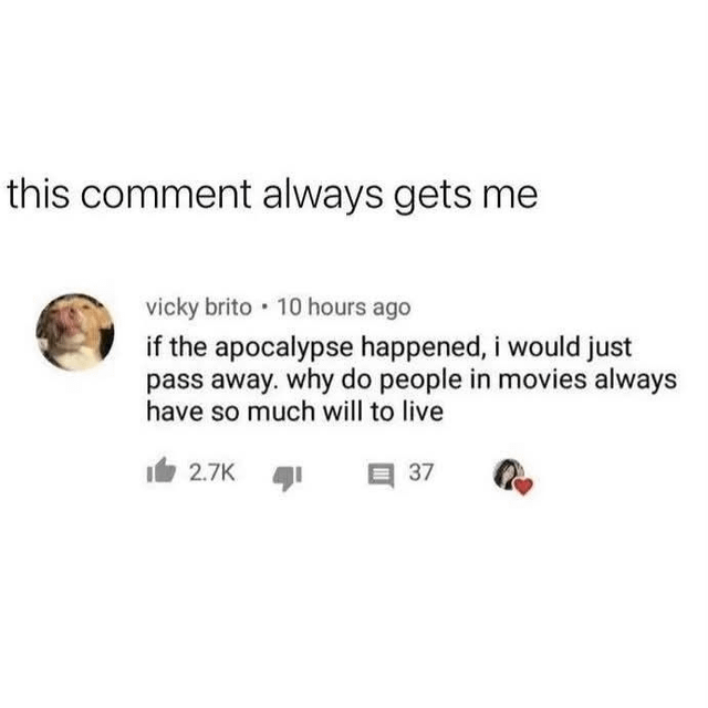 this comment always gets me • vicky brito 10 hours ago if the apocalypse happened, i would just pass away. why do people in movies always I have so much will to live 2.7K 37