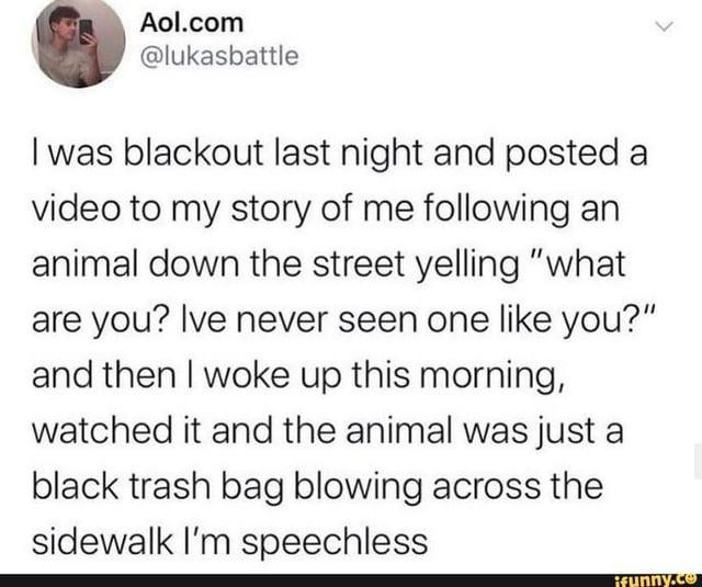 Aol.com @lukasbattle I was blackout last night and posted a video to my story of me following an animal down the street yelling "what are you? Ive never seen one like you?" and then I woke up this morning, watched it and the animal was just a black trash bag blowing across the sidewalk I'm speechless ifunny.co
