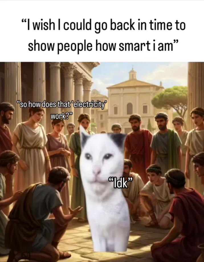 “I wish I could go back in time to show people how smart i am" "So how does that electricity' work?" "Idk" V