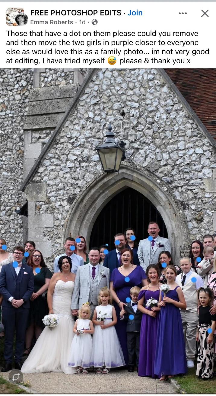 FREE PHOTOSHOP EDITS. Join Free Photo Emma Roberts 1d → • Those that have a dot on them please could you remove and then move the two girls in purple closer to everyone else as would love this as a family photo... im not very good at editing, I have tried myself please & thank you x AA