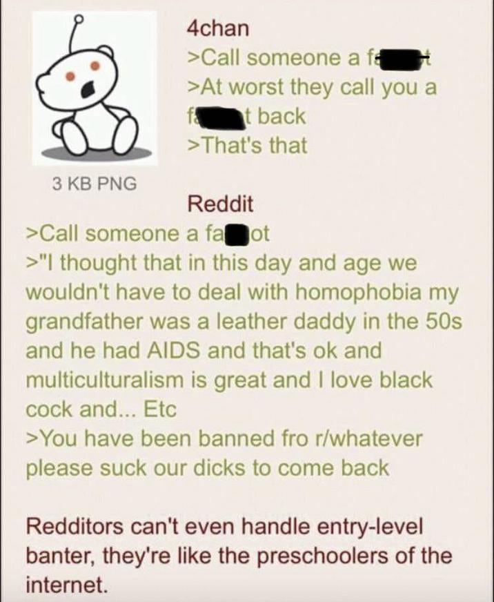 3 KB PNG 4chan >Call someone a fa >At worst they call you a t back >That's that Reddit >Call someone a fa ot >"I thought that in this day and age we wouldn't have to deal with homophobia my grandfather was a leather daddy in the 50s and he had AIDS and that's ok and multiculturalism is great and I love b--------- and... Etc >You have been banned fro r/whatever please suck our d---- to come back Redditors can't even handle entry-level banter, they're like the preschoolers of the internet.