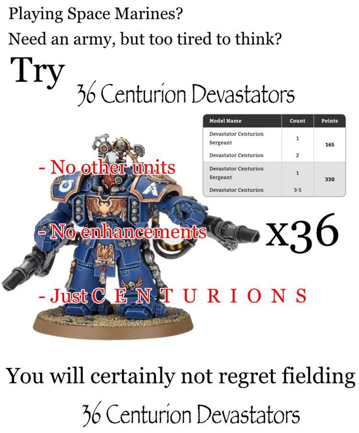 Playing Space Marines? Need an army, but too tired to think? Try 36 Centurion Devastators - No other units Model Name Count Points Devastator Centurion Sergeant 1 165 Devastator Centurion 2 Devastator Centurion Sergeant 1 330 Devastator Centurion 3-5 -No enhancements x36 - Just CENTURIONS You will certainly not regret fielding 36 Centurion Devastators