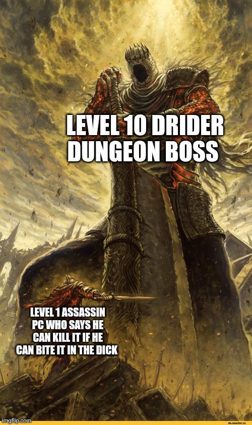 LEVEL 10 DRIDER DUNGEON BOSS LEVEL 1 ASSASSIN PC WHO SAYS HE CAN KILL IT IF HE CAN BITE IT IN THE D--- imgflip.com dereactor.c