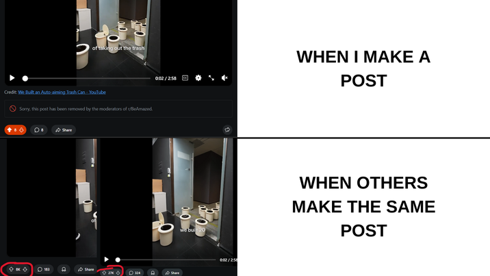 of taking out the trash Credit: We Built an Auto-aiming Trash Can - YouTube Sorry, this post has been removed by the moderators of r/BeAmazed. +8 ☐ 8 Share of 8K 183 Share 27K 324 88 0:02 / 2:58 Share we built 20 0:02 / 2:58 WHEN I MAKE A POST WHEN OTHERS MAKE THE SAME POST