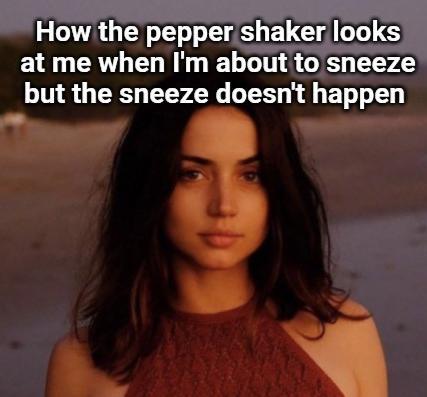 How the pepper shaker looks at me when I'm about to sneeze but the sneeze doesn't happen