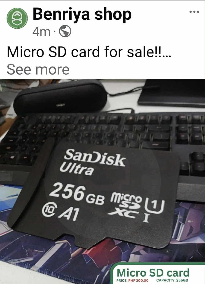 Benriya shop 4m. Micro SD card for sale!!... See more SanDisk Ultra 256 GB microU P @A1 XCI Micro SD card PRICE: PHP 200.00 CAPACITY: 256GB