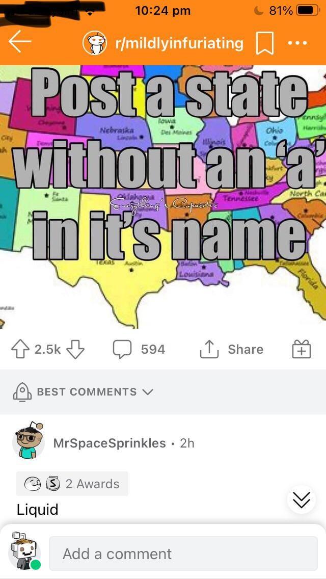 10:24 pm -81% CIFY r/mildlyinfuriating ☐ Postia státe Nebraska Lingal lowa Des Moines Illinois Ohio Col ennsy Herral without an a • F Santa Oklahoma Emything's Caparalle Nash Tennessee ku fort North Car in it's name Louisiana Florida 2.5k 594 ↑ Share BEST COMMENTS ✓ Liquid MrSpaceSprinkles • 2h 2 Awards Add a comment ✓