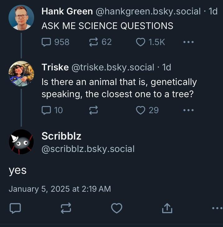 yes Hank Green @hankgreen.bsky.social . 1d ASK ME SCIENCE QUESTIONS 958 62 1.5K Triske @triske.bsky.social .1d Is there an animal that is, genetically speaking, the closest one to a tree? 10 Scribblz @scribblz.bsky.social January 5, 2025 at 2:19 AM 29 ↑ <]
