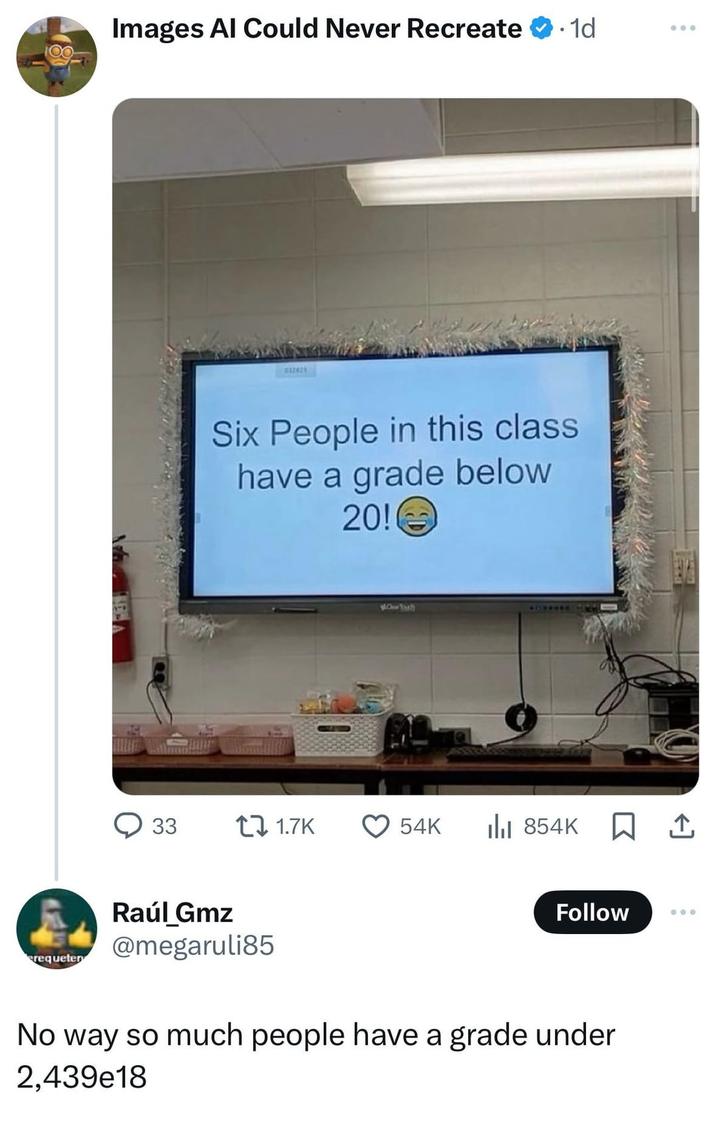 requeter Images Al Could Never Recreate .1d 032825 Six People in this class have a grade below 20! 817703 000 33 1.7K 54K Ill 854K ☐ 1 Raúl Gmz @megaruli85 Follow 000 No way so much people have a grade under 2,439e18