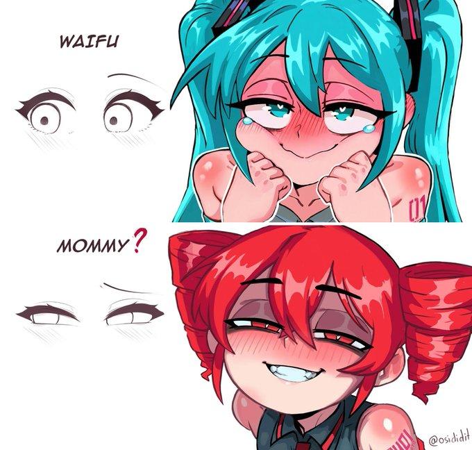 A version of the Waifu vs. Mommy eyes meme. The meme compares Hatsune Miku to Kasane Teto.