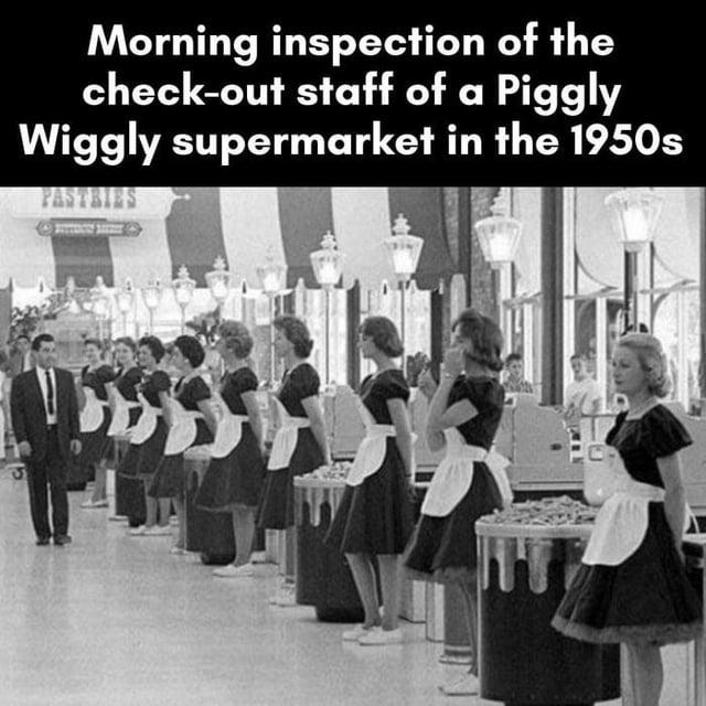Morning inspection of the check-out staff of a Piggly Wiggly supermarket in the 1950s PASTRIES