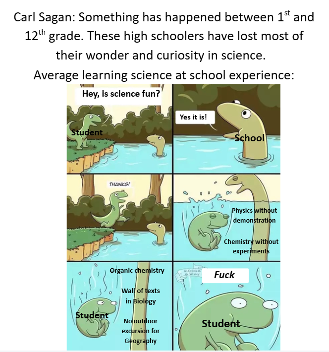 Carl Sagan: Something has happened between 1st and 12th grade. These high schoolers have lost most of their wonder and curiosity in science. Average learning science at school experience: Hey, is science fun? Student THANKS! Yes it is! School Physics without demonstration Chemistry without experiments Organic chemistry As Cr F--- Student Wall of texts in Biology No outdoor excursion for Student Geography