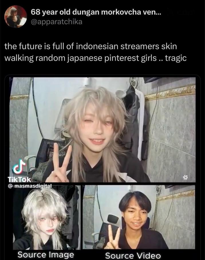 68 year old dungan morkovcha ven... @apparatchika the future is full of indonesian streamers skin walking random japanese pinterest girls.. tragic كل TikTok @masmasdigital Source Image Source Video