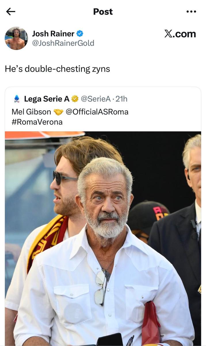 K Josh Rainer ❤ @Josh RainerGold Post He's double-chesting zyns SERIE A Lega Serie A @SerieA - 21h Mel Gibson #RomaVerona @OfficialASRoma ˋ C X.com