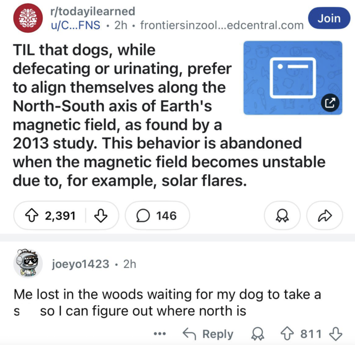 Jiju จ r/todayilearned u/C... FNS 2h frontiersinzool...edcentral.com • TIL that dogs, while defecating or urinating, prefer to align themselves along the North-South axis of Earth's magnetic field, as found by a Join 2013 study. This behavior is abandoned when the magnetic field becomes unstable due to, for example, solar flares. 2,391 146 D joeyo1423 • 2h Me lost in the woods waiting for my dog to take a so I can figure out where north is S ← Reply ☑ 811 811
