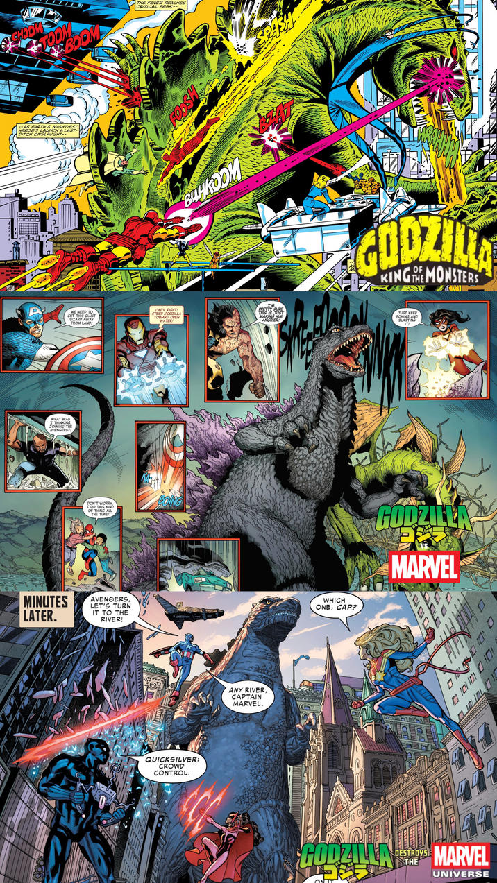 TOOM BOOM THE FEVER REACHES CRITICAL PEAK-- --AS EARTH'S MIGHTIEST HEROES LAUNCH A LAST- DITCH ONSLAUGHT-- WHAT WAS I THINKING, JOINING THE AVENGERS?! 1.1 FOOSH BAHROOM GODZIL KING THE MONSTERS WE NEED TO GET THIS GIANT LIZARD AWAY FROM LAND! CAP'S RIGHT! STEER GODZILLA TOWARD OPEN WATER! I'M PRETTY SURE THIS IS JUST MAKING HIM ANGRIER! JUST KEEP POKING AND BLASTING IT! DON'T WORRY, I DO THIS KIND OF THING ALL THE TIME! BOING MINUTES LATER. AVENGERS, LET'S TURN IT TO THE RIVER! QUICKSILVER: CROWD CONTROL. ANY RIVER, CAPTAIN MARVEL. WHICH ONE, CAP? GODZILLA MARVEL GODZILLA GOOD ם שלג DESTROYS MARVEL UNIVERSE