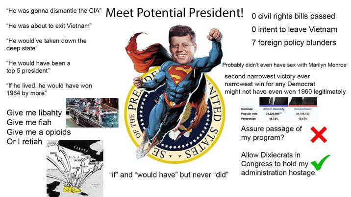 "He was gonna dismantle the CIA" Meet Potential President! o civil rights bills passed "He was about to exit Vietnam" "He would've taken down the deep state" "He would have been a top 5 president" "If he lived, he would have won 1964 by more" Give me libahty Give me fiah Give me a opioids Or I retiah SEATTLE DENVER CANADA U. S. A. CHICAGO ATLANTA 1333 M WASHINGTON MIAMI 0 ATLANTIC C PRE THE OF T NITED O intent to leave Vietnam 7 foreign policy blunders Probably didn't even have sex with Marilyn Monroe second narrowest victory ever narrowest win for any Democrat might not have even won 1960 legitimately Percentage S "if" and "would have" but never "did" Nominee Popular vote John F. Kennedy 34,220,984laj 49.72% Richard Nixon 34,108,157 49.55% Assure passage of my program? Allow Dixiecrats in Congress to hold my administration hostage 0 HAVANA MI CUBA