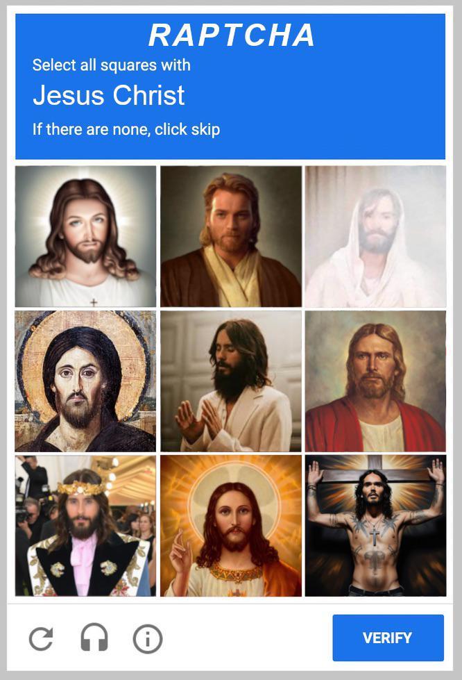 RAPTCHA Select all squares with Jesus Christ If there are none, click skip G VERIFY