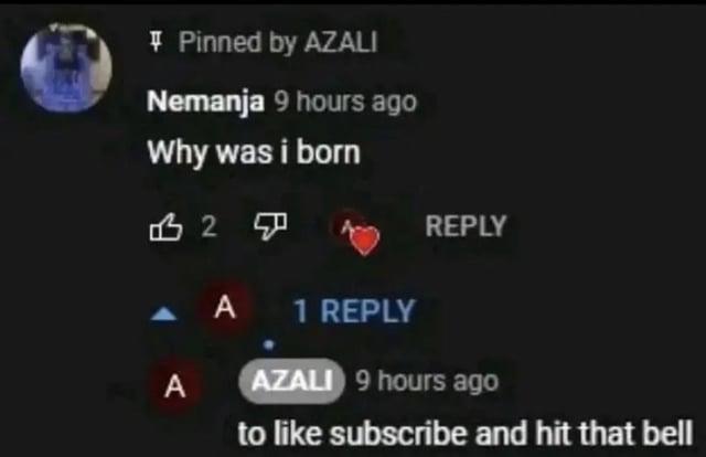 + Pinned by AZALI Nemanja 9 hours ago Why was i born A 24 REPLY A 1 REPLY AZALI 9 hours ago to like subscribe and hit that bell