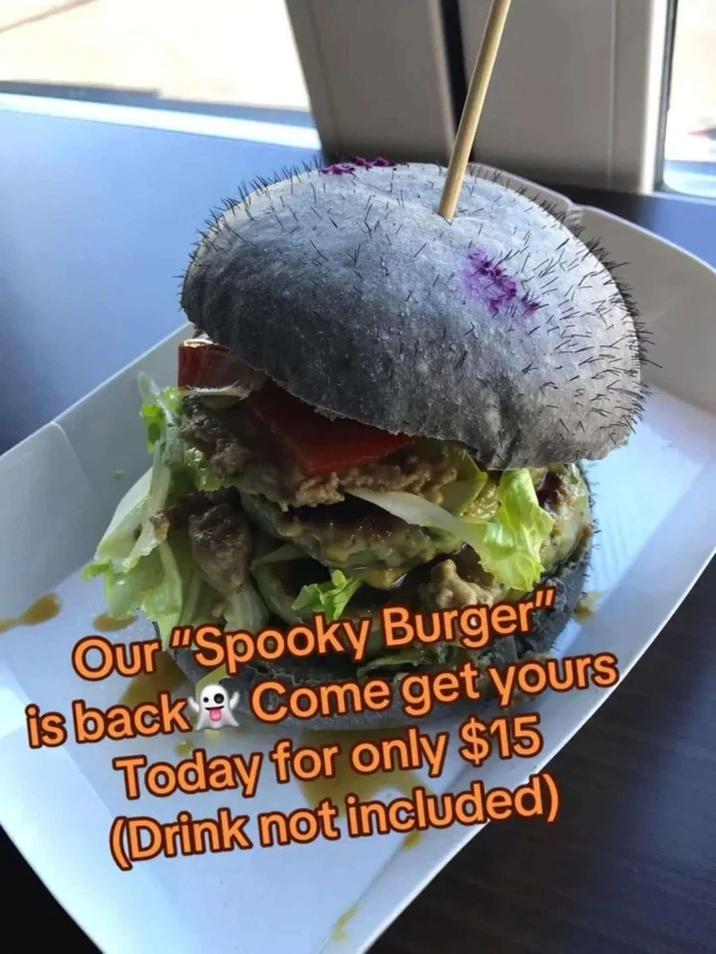 Our "Spooky Burger" is back Come get yours Today for only $15 (Drink not included)