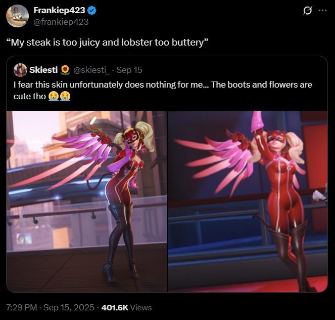 this skin does nothing for me Frankiep423 ❤ @frankiep423 "My steak is too juicy and lobster too buttery" Skiesti @skiesti_ . Sep 15 I fear this skin unfortunately does nothing for me... The boots and flowers are cute tho 7:29 PM - Sep 15, 2025 - 401.6K Views