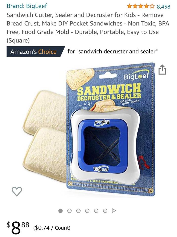 Brand: BigLeef 8,458 Sandwich Cutter, Sealer and Decruster for Kids - Remove Bread Crust, Make DIY Pocket Sandwiches - Non Toxic, BPA Free, Food Grade Mold - Durable, Portable, Easy to Use (Square) Amazon's Choice for "sandwich decruster and sealer" $888 ($0.74/Count) BigLeef SANDWICH DECRUSTER & SEALER pocke Tunch your เอวามเย Bigleef &SEALS SANDWICHE
