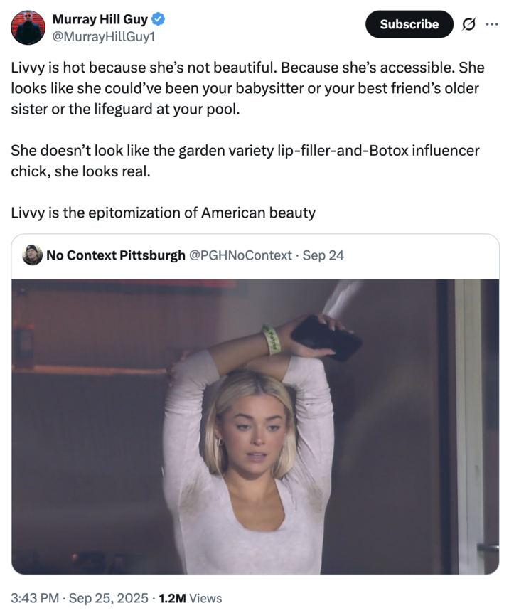 A "quote-tweet":https://knowyourmeme.com/memes/quote-retweets-qrts of the image of gymnast "Livvy Dunne":https://knowyourmeme.com/memes/people/olivia-livvy-dunne with her arms up, showing her armpits with pit stains at a Pittsburgh Pirates game. 