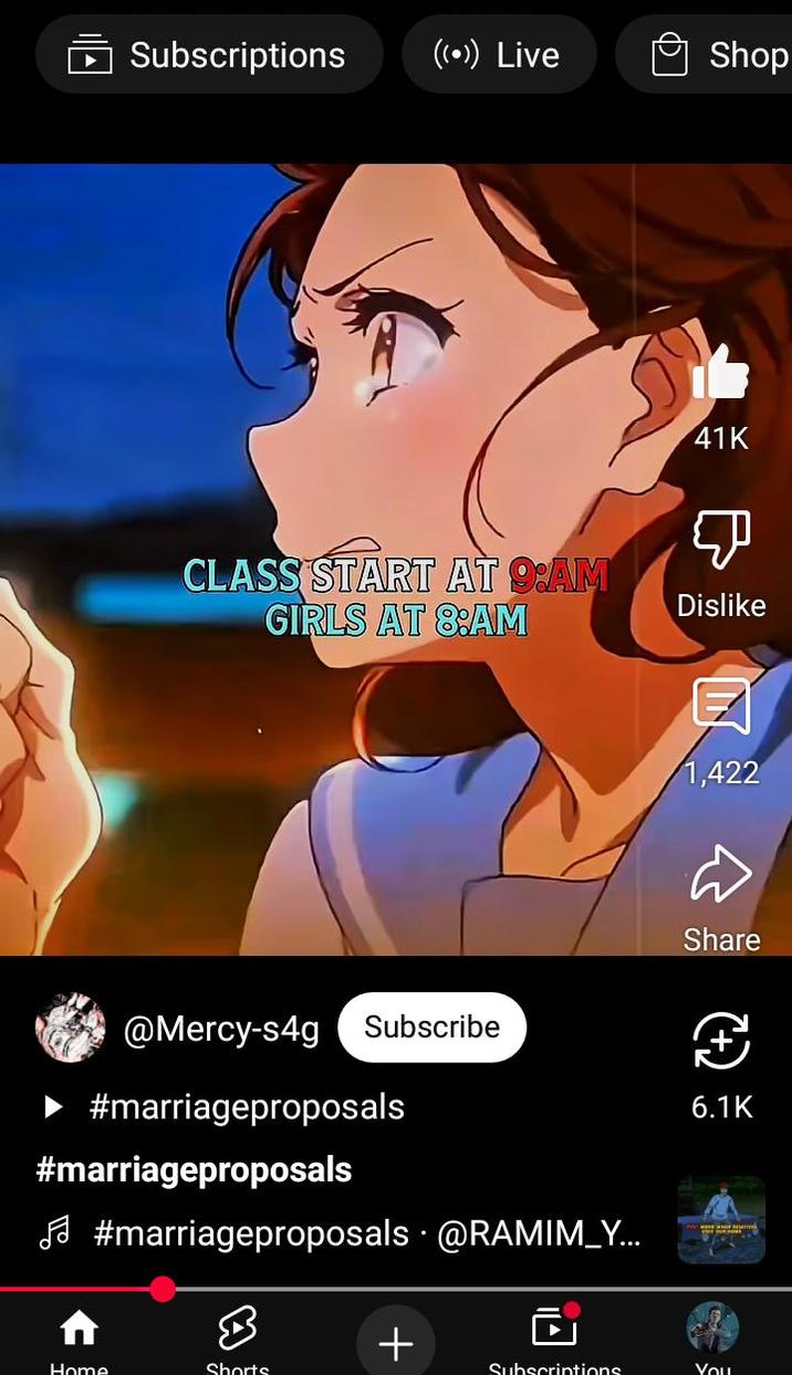 Subscriptions ((•) Live Shop CLASS START AT 9:AM GIRLS AT 8:AM @Mercy-s4g Subscribe ► #marriageproposals #marriageproposals #marriageproposals @RAMIM_Y... 41K J Dislike E 1,422 Share 6.1K B + Home Shorts Subscriptions You