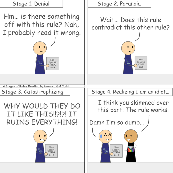 Stage 1. Denial Hm... is there something off with this rule? Nah, I probably read it wrong. Stage 2. Paranoia Wait... Does this rule contradict this other rule? Non- GM Specific TTRPG Book GM Non- Specific TTRPG Book 4 Stages of Rules Reading by Awkward GM Corbin Stage 3. Catastrophizing WHY WOULD THEY DO IT LIKE THIS!!?!?! IT RUINS EVERYTHING! Stage 4. Realizing I am an idiot... I think you skimmed over this part. The rule works. Damn I'm so dumb... -Ο Non- GM Specific TTRPG Book ΑΛ Non- Specific GM TTRPG Book