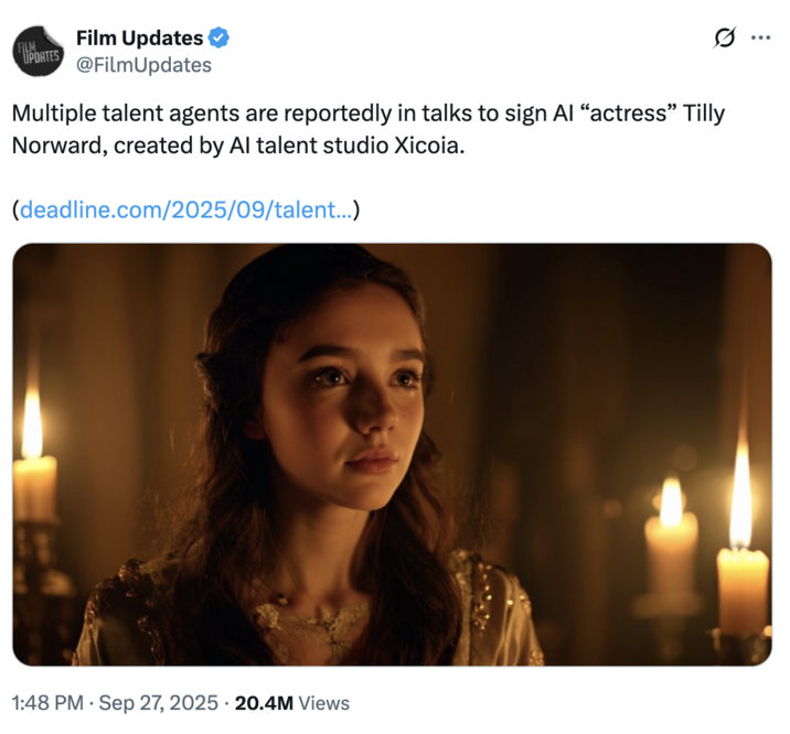 A "tweet":https://knowyourmeme.com/memes/sites/twitter-x about Tilly Norwood, an "AI":https://knowyourmeme.com/memes/cultures/ai-artificial-intelligence actress, launched in September 2025 by the "British":https://knowyourmeme.com/memes/british-people-briish "AI talent studio" Xicoia.