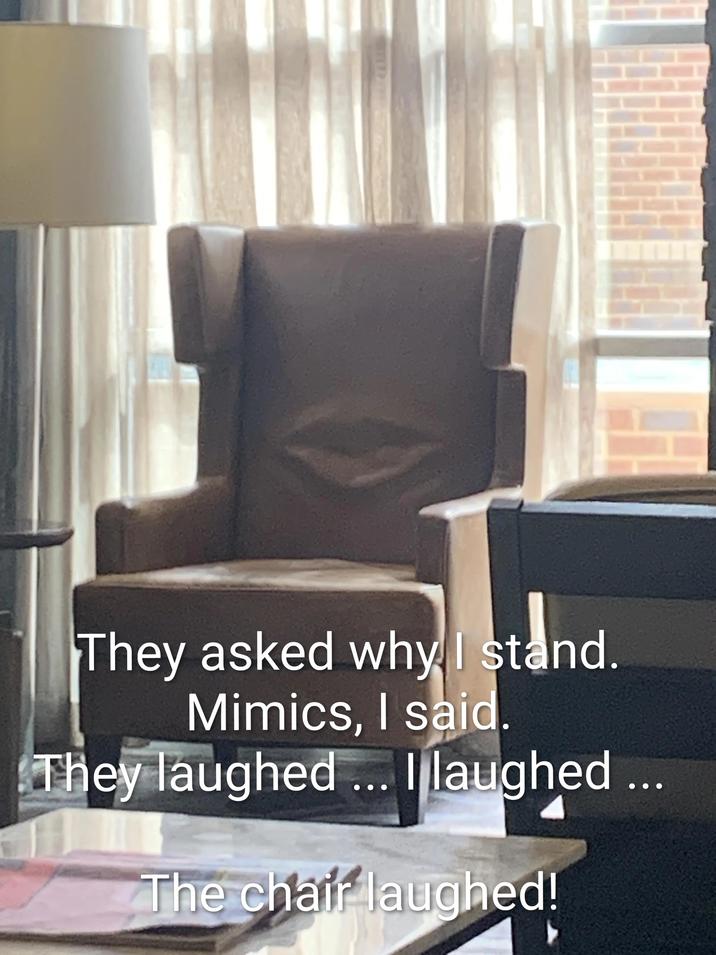 They asked why I stand. Mimics, I said. They laughed... I laughed... The chair laughed!