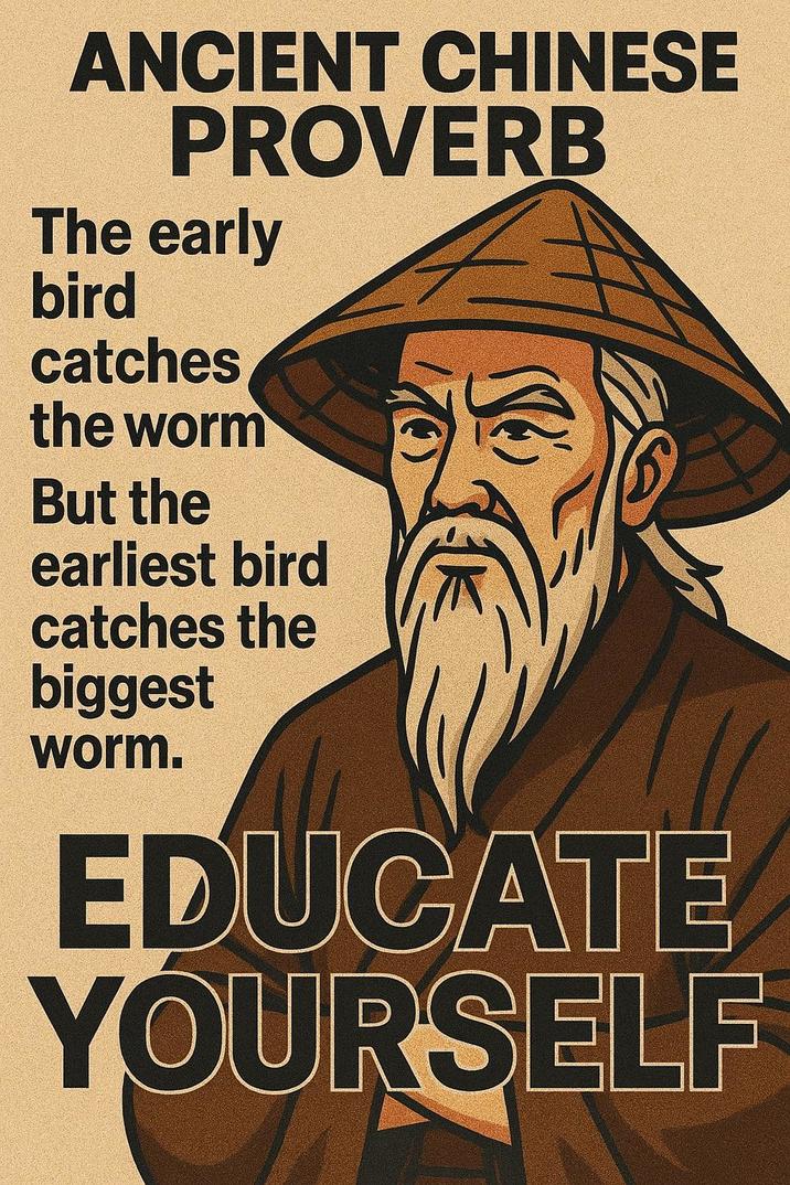 ANCIENT CHINESE PROVERB The early bird catches the worm But the earliest bird catches the biggest worm. EDUCATE YOURSELF