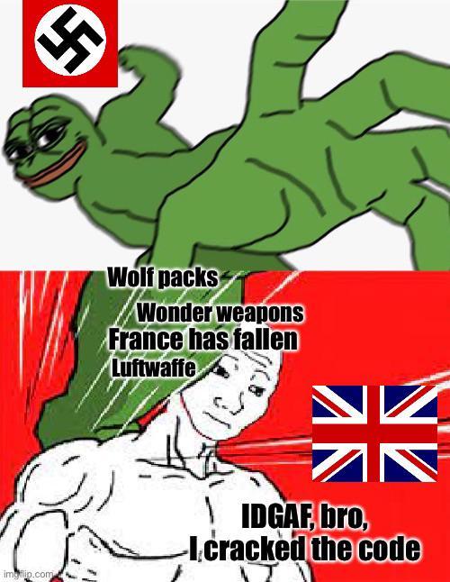 Wolf packs Wonder weapons France has fallen Luftwaffe 米 NV imgflip.com IDGAF, bro, I cracked the code