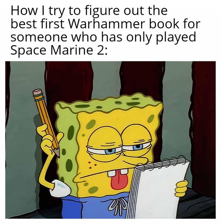 How I try to figure out the best first Warhammer book for someone who has only played Space Marine 2: