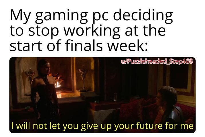 My gaming pc deciding to stop working at the start of finals week: w/Puzzleheaded_Step468 I will not let you give up your future for me