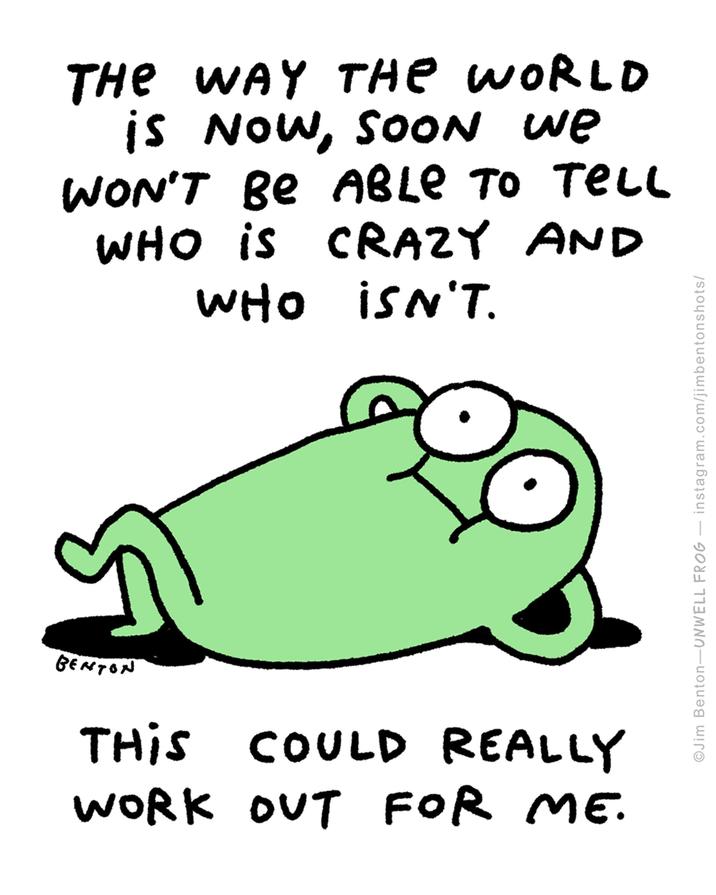BENTON THE WAY THE WORLD is NOW, SOON we WON'T BE ABLE TO TELL WHO IS CRAZY WHO AND ISN'T. THIS COULD REALLY WORK OUT FOR ME. Jim Benton-UNWELL FROG ― instagram.com/jimbentonshots/